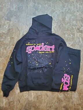 Sp5der Hoodie Medium Hoodie & Joggers Set with Pink Logo and Yellow Stars
